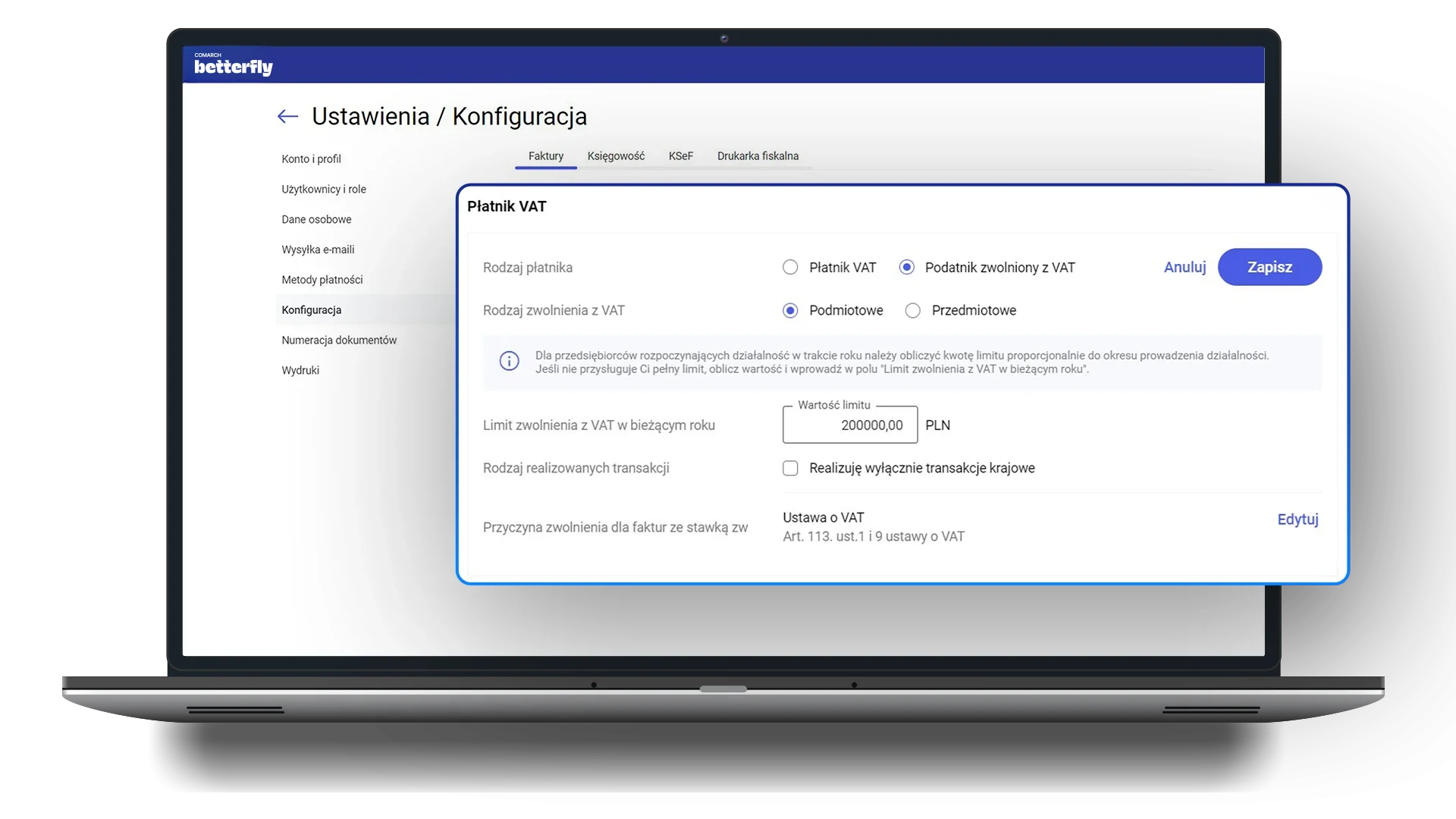 Zwolnienie z VAT w Comarch Betterfly