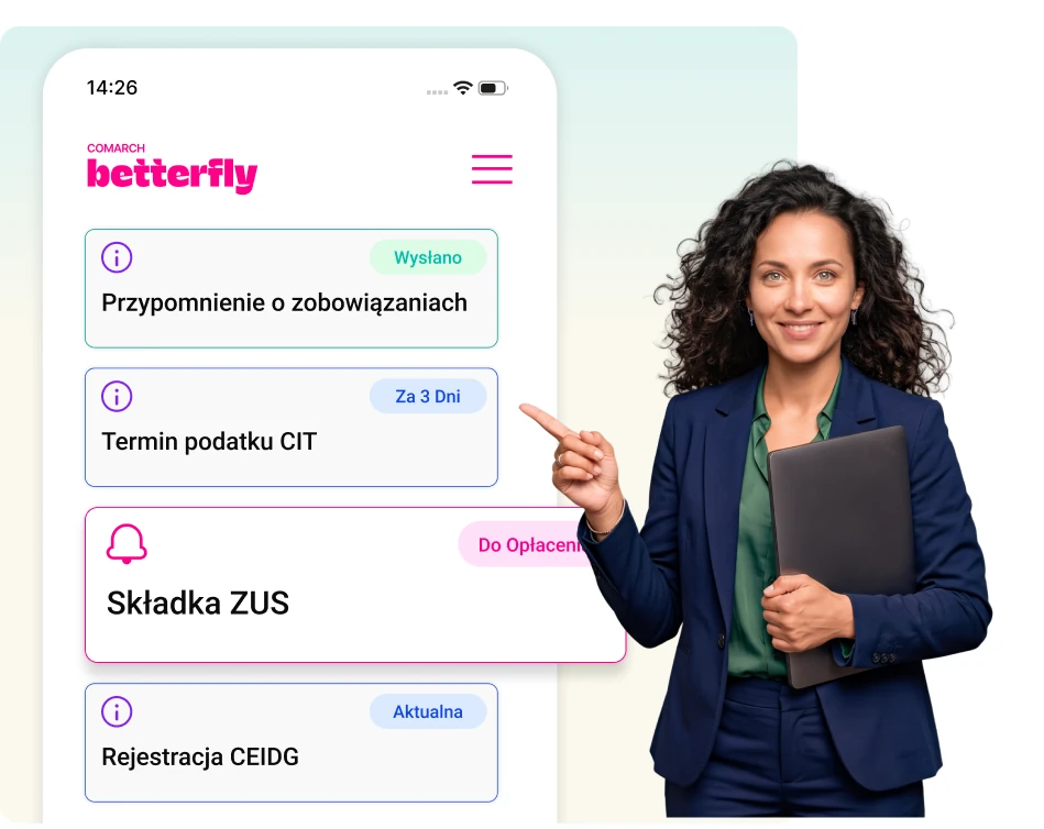 Przypomnienia o terminach podatków, ZUS i zobowiązań w aplikacji Comarch Betterfly