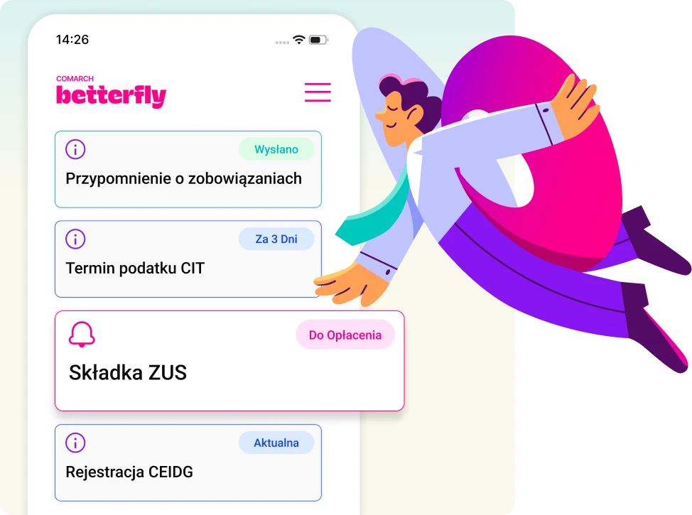 Przypomnienia o terminach podatków, ZUS i zobowiązań w aplikacji Comarch Betterfly